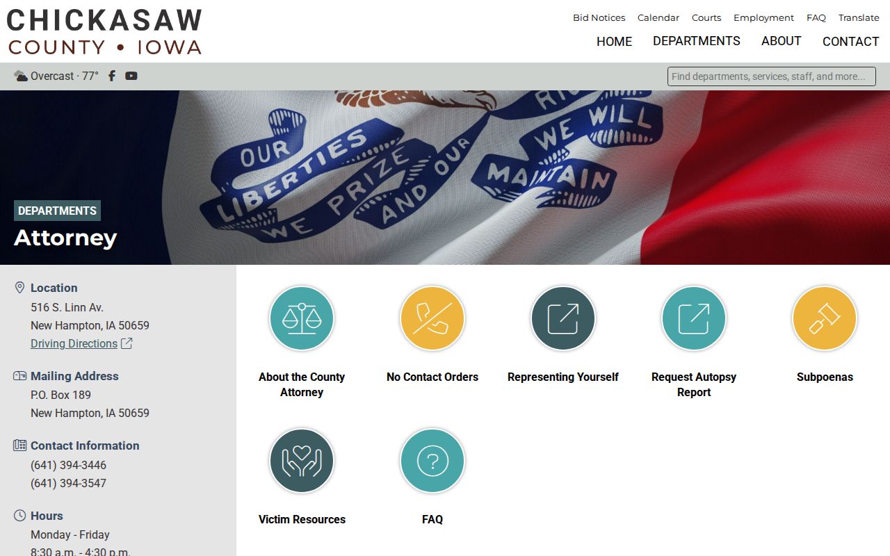 Official Chickasaw County Attorney contact page and prosecution role