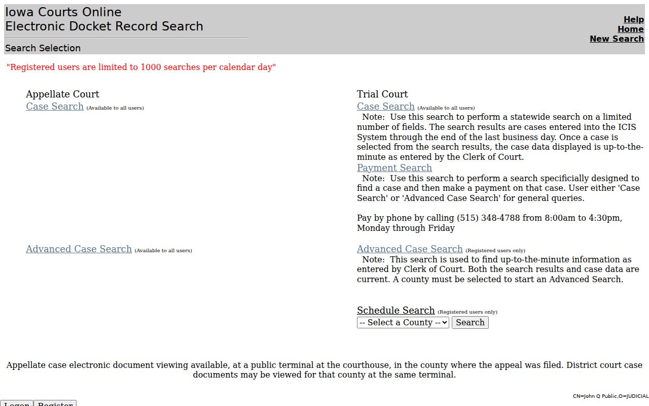 Chickasaw County warrant search controls in Iowa Courts Online