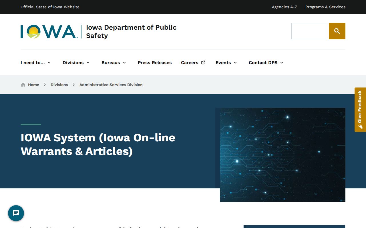 Iowa DPS page explaining the IOWA criminal-justice information system