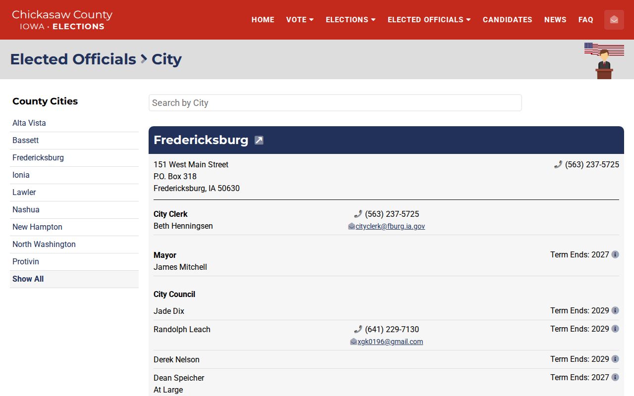 Official Fredericksburg city-hall address and clerk contact listing