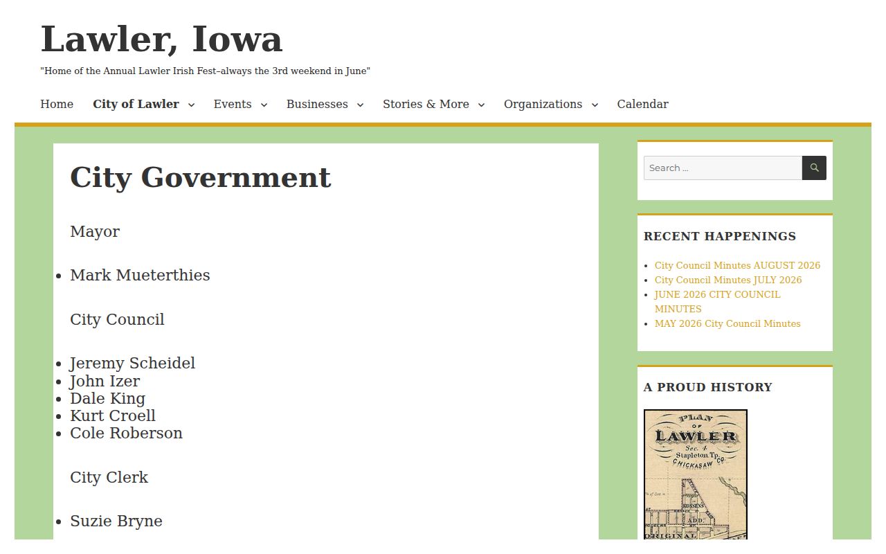 Current official Lawler city-government webpage with municipal contacts
