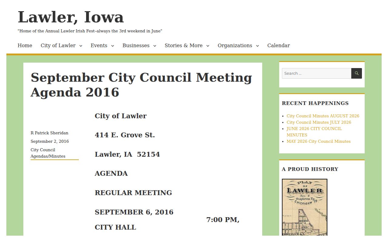 Official Lawler council agenda showing the 414 East Grove City Hall location