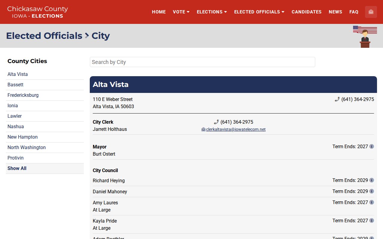 Official county elections listing for Alta Vista City Hall and municipal contacts